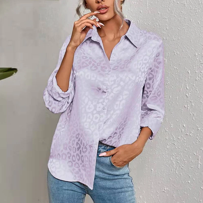 Leopard Print Jacquard Blouse Women Elegant Office Lady Long Sleeve Turn Down Collar Button Shirt 2022 Spring Autumn Tops 19169