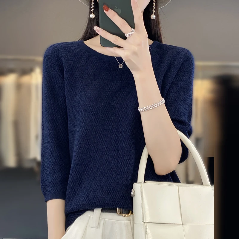 Spring and Autumn Seven-Sleeve Worsted Sweater Round Neck Thin Loose Bottom Shirt Simple Fashion Top Woman