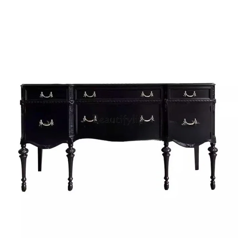 

French retro solid wood carving flower entrance cabinet, home antique style dining side black living room decorative cabinetL