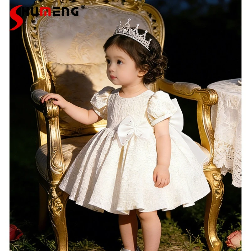 

Нарядное платье для девочек в стиле принцессы, белое, с пышными рукавами, тюлевое, летнее, с цветочным узором, для дня рождения