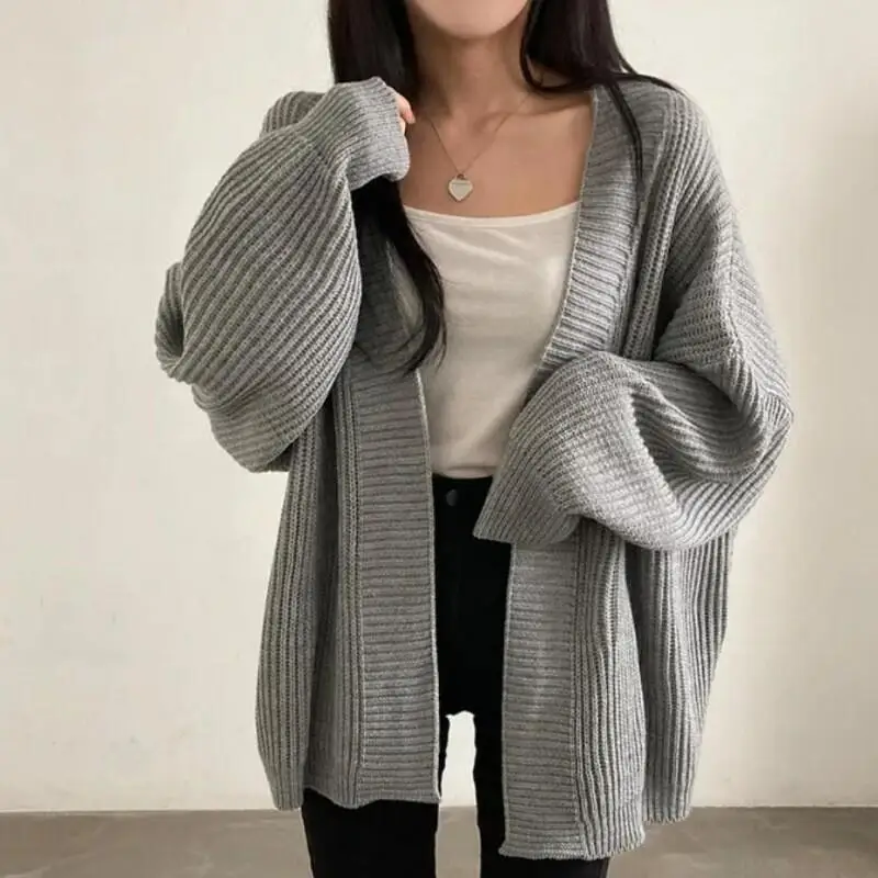 

Woman Sweater Coat Lazy Loose Jumper Girl Solid Color Korean Version Tops New Autumn Winter Thicken Minimalist Knitted Cardigan