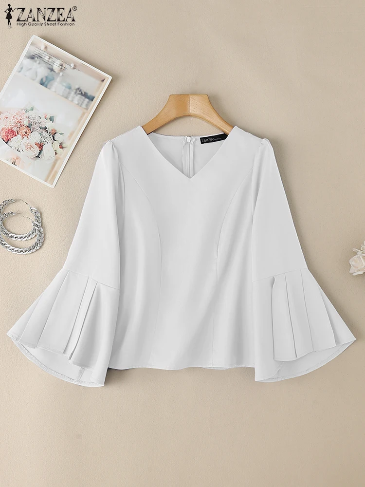 

Elegant Women Blouses 2025 Summer Office Work Shirts ZANZEA Stylish V Neck 3/4 Flare Sleeve Tunic Tops Casual Solid Party Blusas