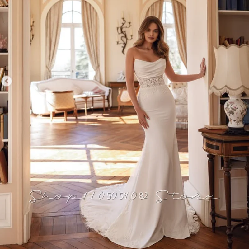 Customized Elegant Simple Fishtail Bridal Gown Strapless Lace Decoration Trailing Wedding Dresses فساتين طويلة