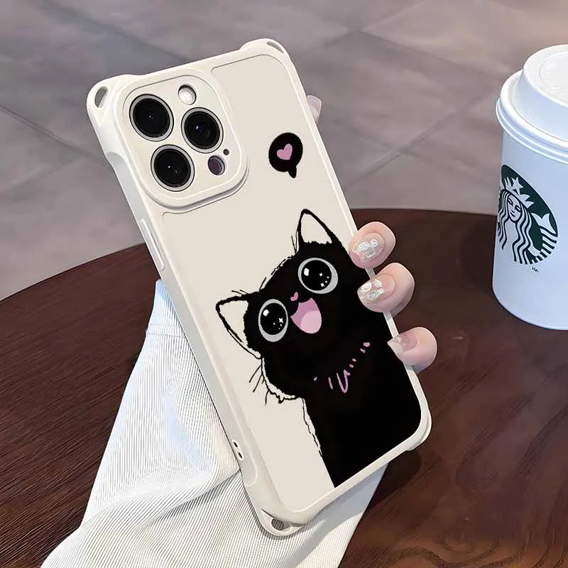 素敵な漫画風黒猫デザインのSamsung S25 S24 S23 S22 S21 S20 FE Note 20 Ultra用ストラップ付き耐衝撃・落下防止カバー、ソフトフォンケース