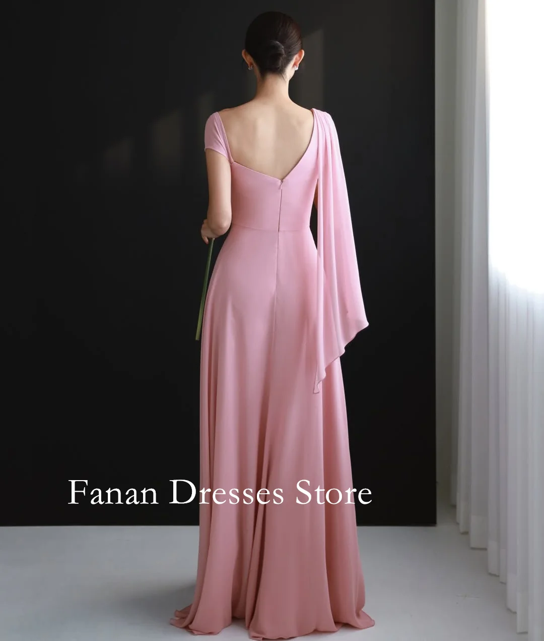 Sukienka maxi FANAN na jedno ramię, szyfonowa, różowa, sukienki wieczorowe, marszczone suknie ślubne damskie, suknie na imprezy, suknie na studniówki, szyte na miarę