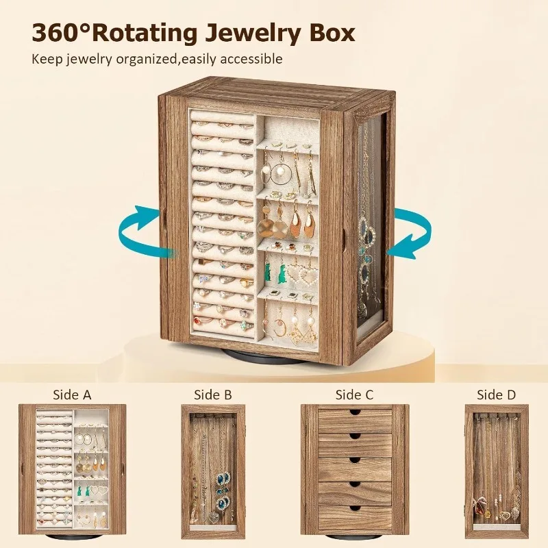 360° Rotating Jewelry Box for Women Glass Doors,  Case Display for Earrings Rings Necklaces Bracelets