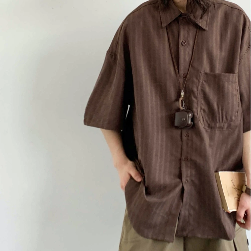 Japanese Vertical Striped Shirt Men Women Summer Casual Oversized Short Sleeve Vintage Preppy Fashion Button Down Top Unisex