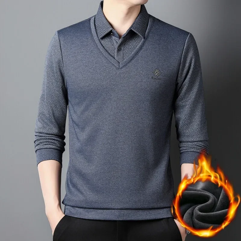 Winter New Polo Shirt with Fleece Fake Two Piece Printed Trendy Men's Business Long Sleeve Shirts Men Clothing