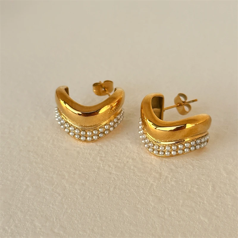 أقراط مرصعة على شكل حرف C للنساء ، فولاذ مقاوم للصدأ 316 لتر ، مجوهرات فريدة ، لؤلؤ مضفر ، منحني ، موضة جديدة ، #4