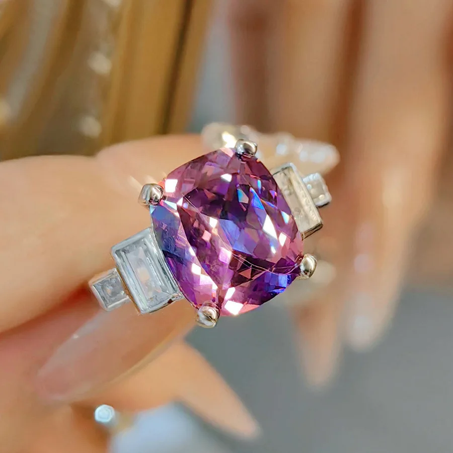 CellaCity Man-made Lab Alexandrite Gemstone Ring For Women High Carbon Diamond Colorful Treasure Set For Party Timeless Trends
