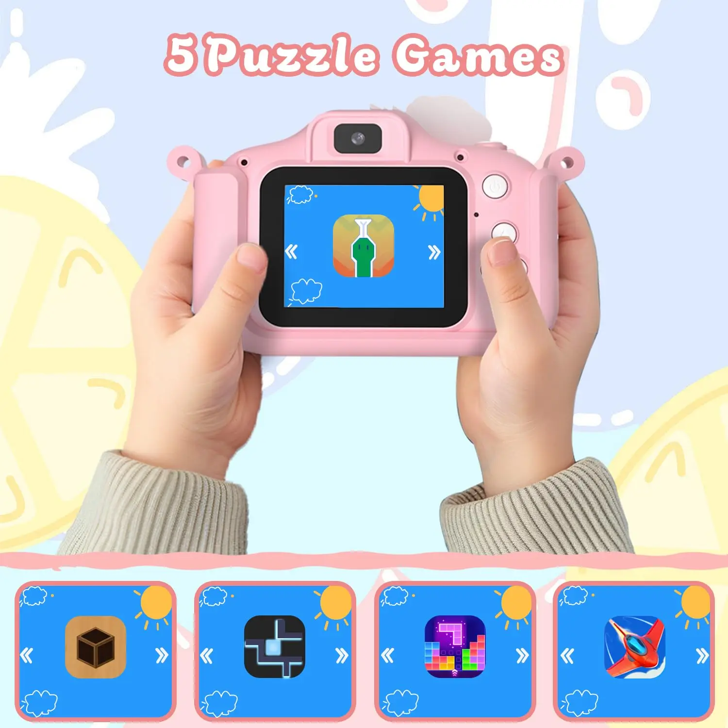 Kids' Camera with 64GB Memory Card and Card Reader 48MP Dual Cameras with 1080p HD Front and Rear Lenses Five Educational Games
