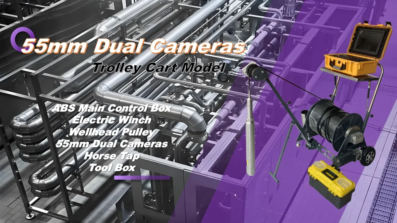 200미터 케이블 55mm 듀얼 카메라 딥 웰 카메라 360도 회전 카트 장착 및 12인치 LED 디스플레이 스크린 포함