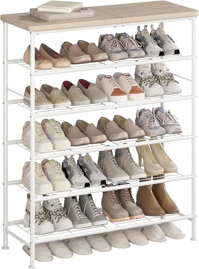 

Shoe Rack Organizer 6 Tier for Closet Entryway Free Standing Metal Storage Shoe Shelf with MDF Top Board White+Oak