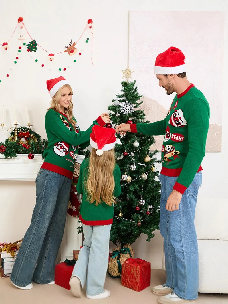크리스마스 니트 스웨터 그린 산타 순록 자카드 패밀리 매칭 세트 커플 의상 남여 축제 착용