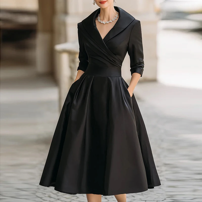 

Hepburn Style Black Satin Long Dresses Women 2026 Elegant A-line Notced Long Sleeve Pleated Pockets Evening Party Dress 187841