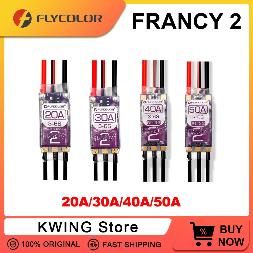 

FLYCOLOR Francy 2 Brushless ESC BLHELI-32 BL32 Dshot High Performance MCU 5V/3A 12V/2A Double BEC Adjustable For RC Airplane