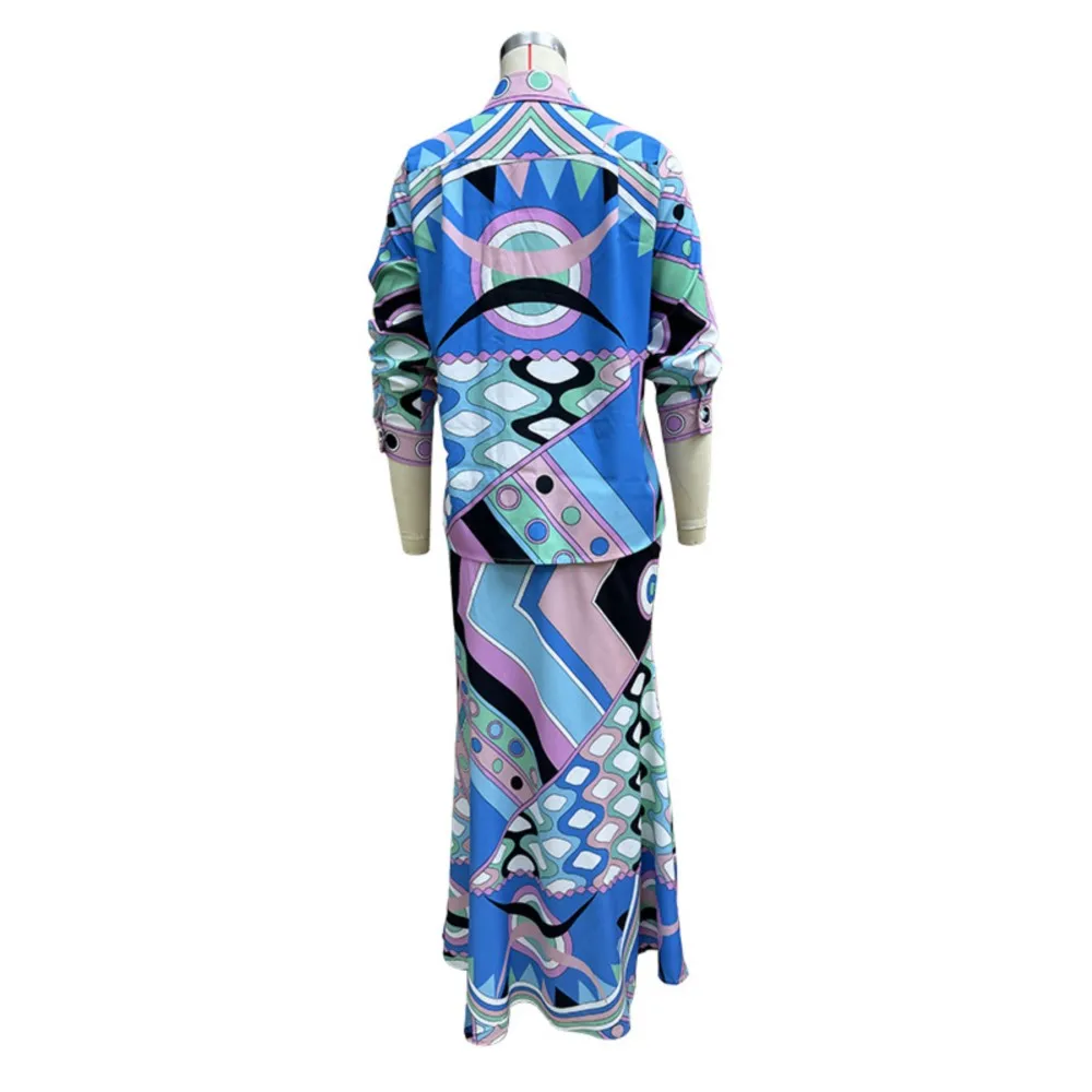 Elegant Collar Geometric Printed Shirt Maxi Skirt Two Piece Set 2025 Spring New Women\'s Fashion Long-Sleeved Shirt Skirt Sets
