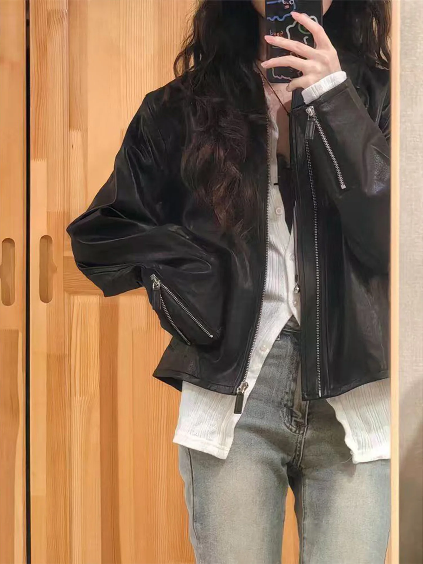 Retro Sle Women's Bla Leather Jaet ort Zipper Casual Top Korean Faion Windproof Long Sve Stand Fit ort Coat