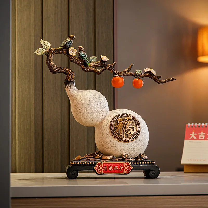 Dual Bulb Gourd Tabletop Decor Twisted Branch Bird Persimmon Accent Engraved Plinth Indoor Display Craft Delicate White Blossom
