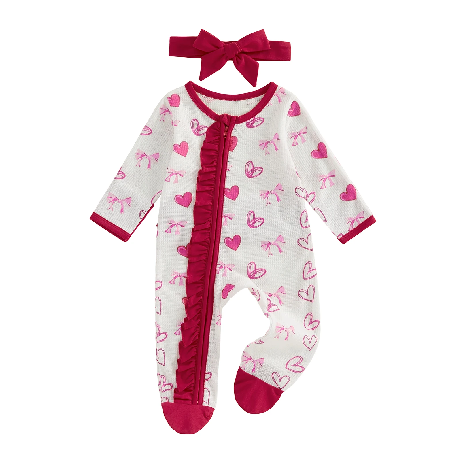 bebe-menina-dia-dos-namorados-roupa-amor-coracao-impressao-babados-guarnicao-zip-up-manga-longa-footie-macacao-e-arco-bandana-2-pecas-conjunto