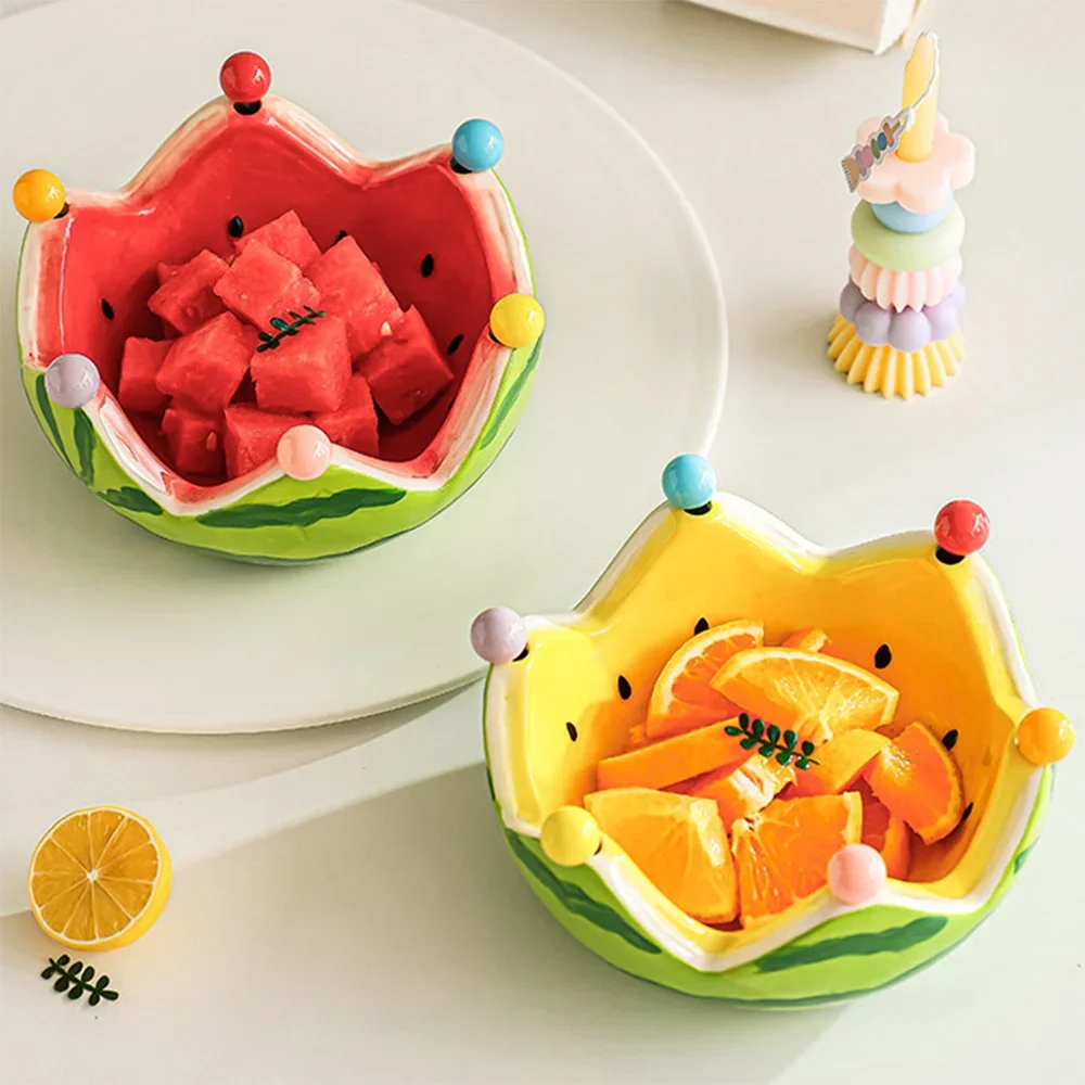 Creative Ceramic Fruit Bowls Dessert Salad Bowl Large Capacity Cute Watermelon Shape Fruit Plate With Forks Tableware