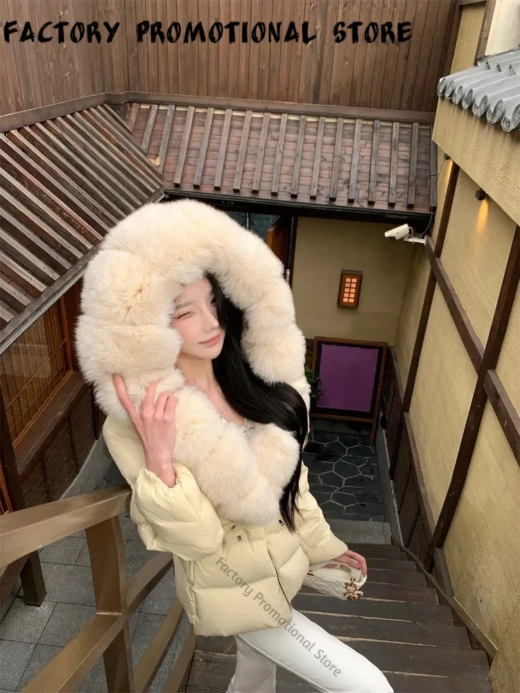 Women's Duck Down Coat Slim Fit Short Puffer Jacket Natural Fur Collar Hooded Belt Coat Warm Windproof for Commuting Daily