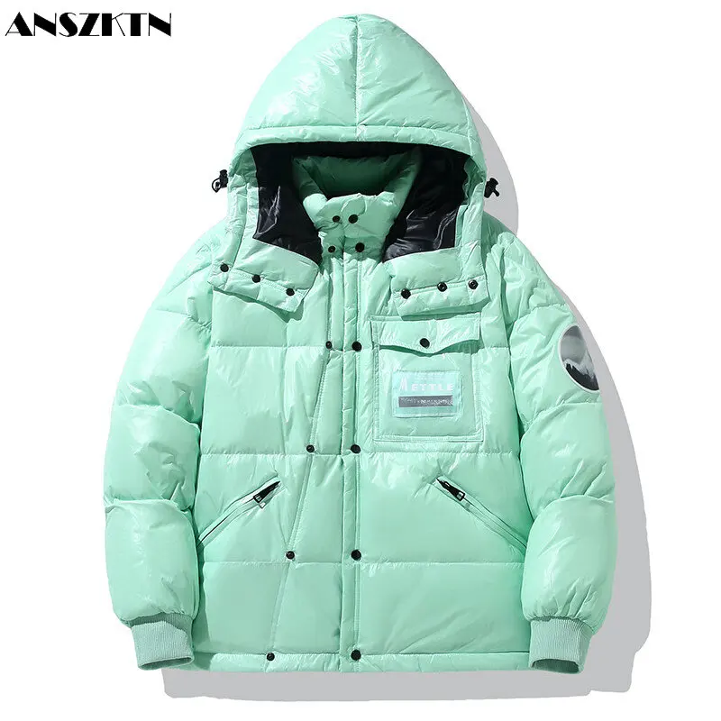 ANSZKTN Winter Men warm down coat men's puffer padded hooded casual fashion handsome fluffy bomber white duck down jacket