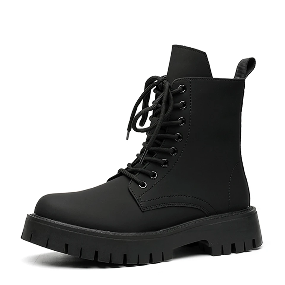 

Black Men Leather Boots High Top Platform Lace Up Light Spring Motorcycle Boot British Style Street Male Waterproof Casual Shoes