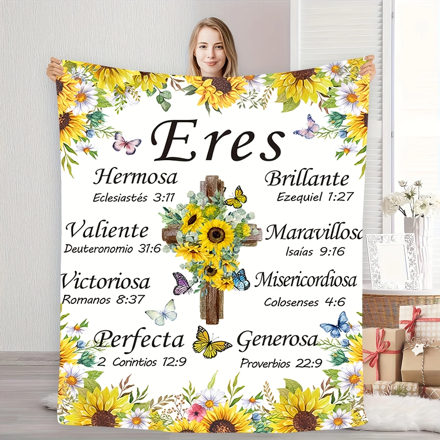 Faith Blossom Fleece Blanket Christian Inspirational Design with Sunflowers Bible Verses Soft Comfort for Home Decor