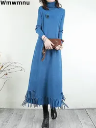 Casual Knitted Dress Turtleneck Slim Women Knitwear Midi Dresses Long Sleeve Sweater Vestidos Elegant Ladies Fall Winter Robe