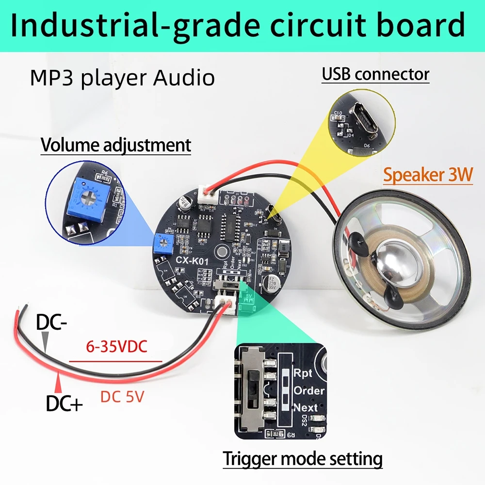 Audio Module Voice Prompter MP3 Player With Custom Voice And Waterproof Speaker DC 5V/6-35V Indoor Outdoor Speakers 4MB Storage