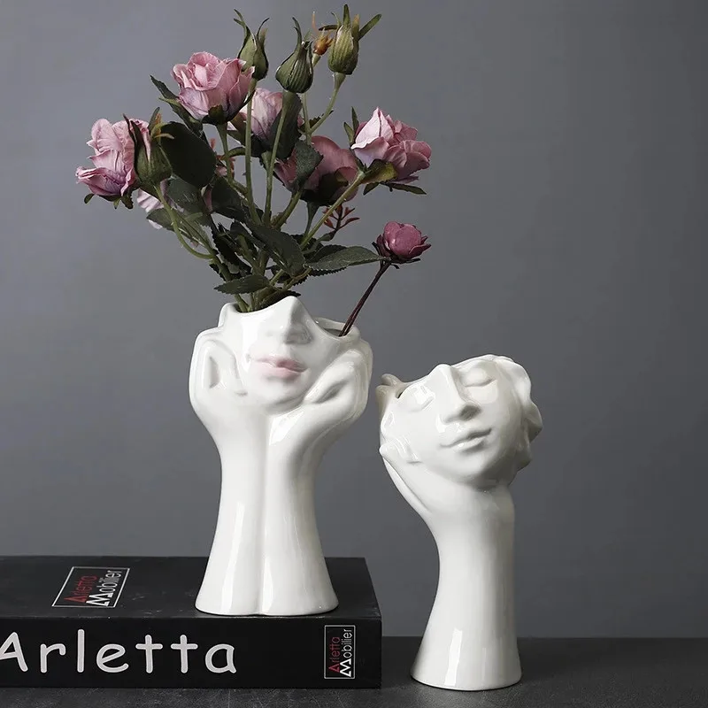 Abstract Hand Support Portrait Ceramic Vase Flower Arrangement Hydroponic White Character Sculpture Decor