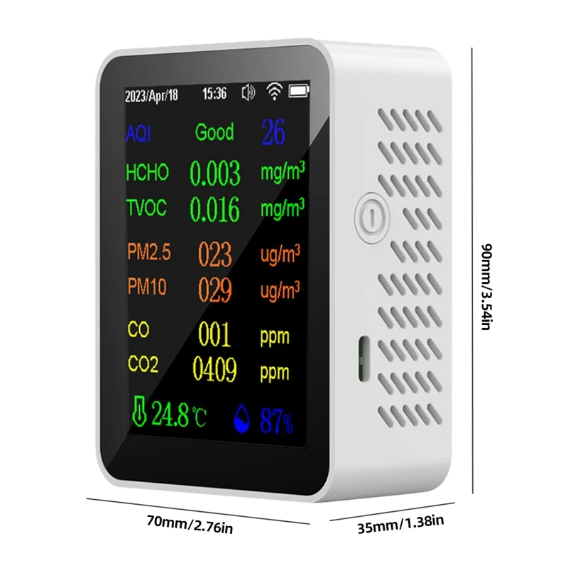 Monitor de qualidade do ar 12 em 1 com exibição de hora/data WIFI PM2.5 PM10 CO CO2 TVOC HCHO AQI Tester, branco