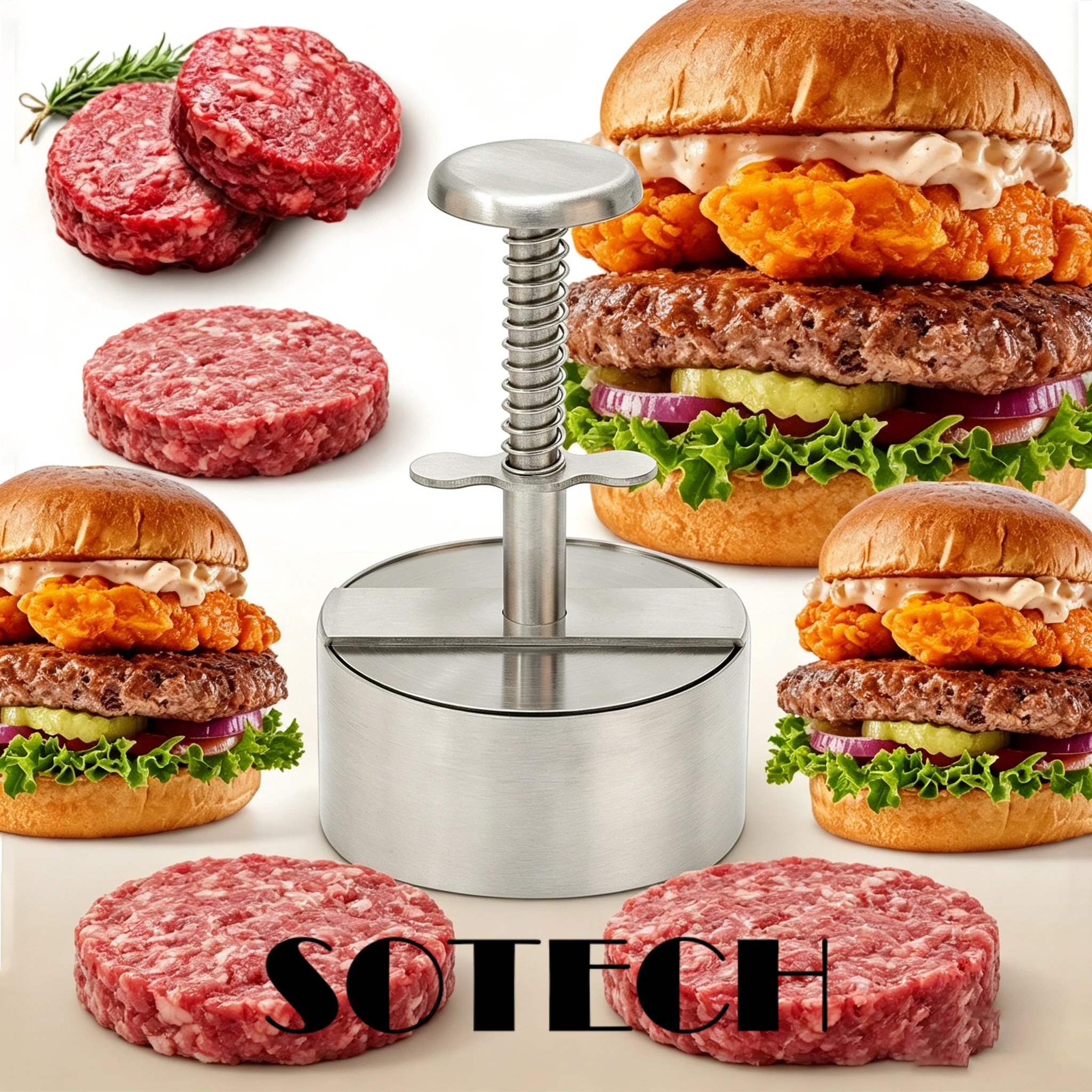 Stainless Steel Burger Press, Manual Spring‑Loaded Hamburger Patty Maker Mold for BBQ Grill Home Kitchen