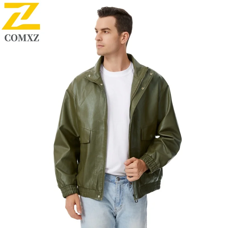 COMXZ 2025 Men Motorcycle Jacket Leather Leisure Turndown Collar Hiking Leather Coat Loose Windproof Autumn Trendy Male Clothing