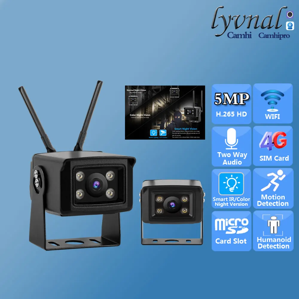 

HD 5MP 4G 3G SIM-карта Беспроводная автомобильная IP-камера Wi-Fi Двустороннее аудио Цветное ночное видение SD TF Слот для карты Сигнализация обнаружения человека