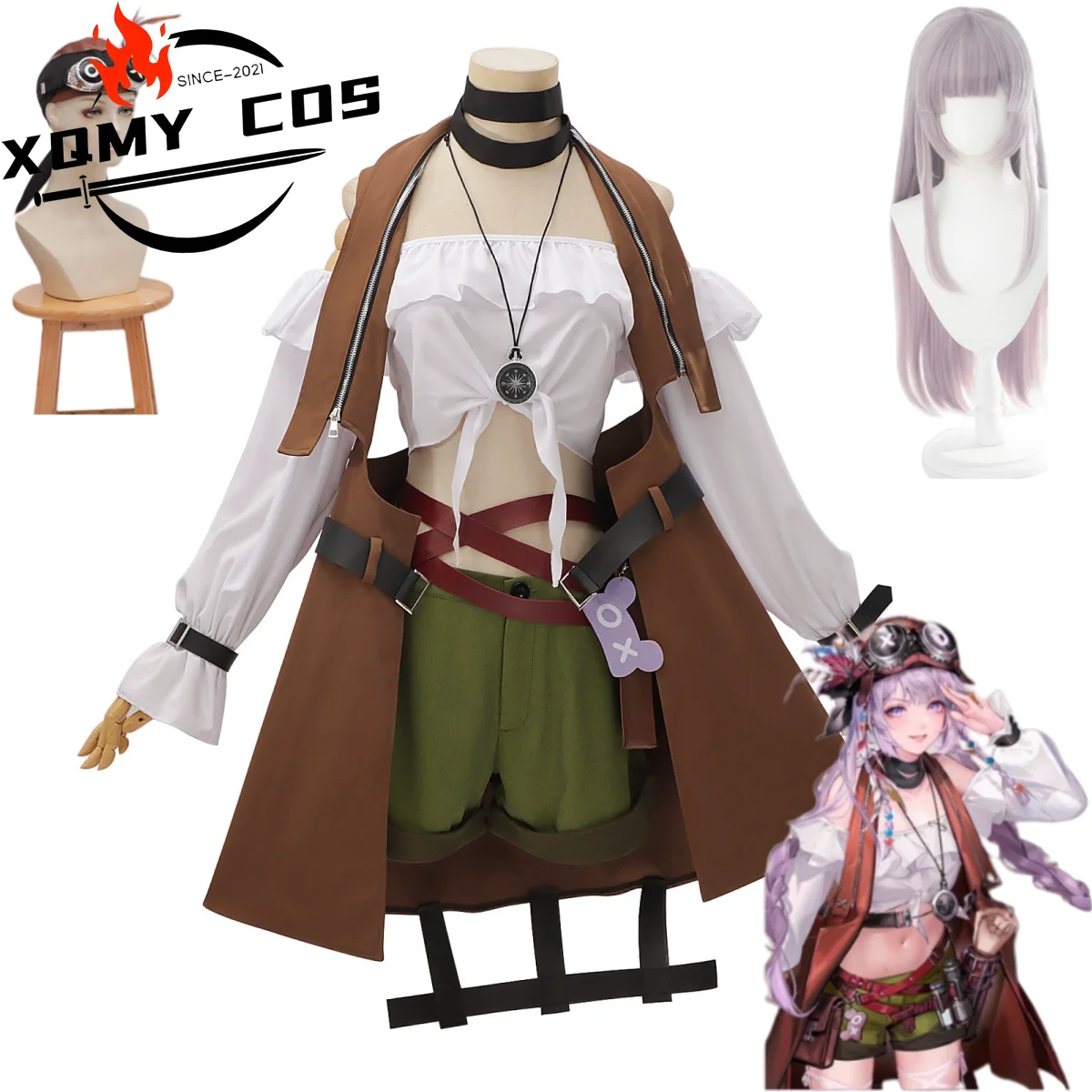 

XqGame Path To Nowhere Hella Cosplay Costume Brown Coat Cloak Shorts Hat Tube Tops Uniform Wig Woman Sexy Carnival Party Suit