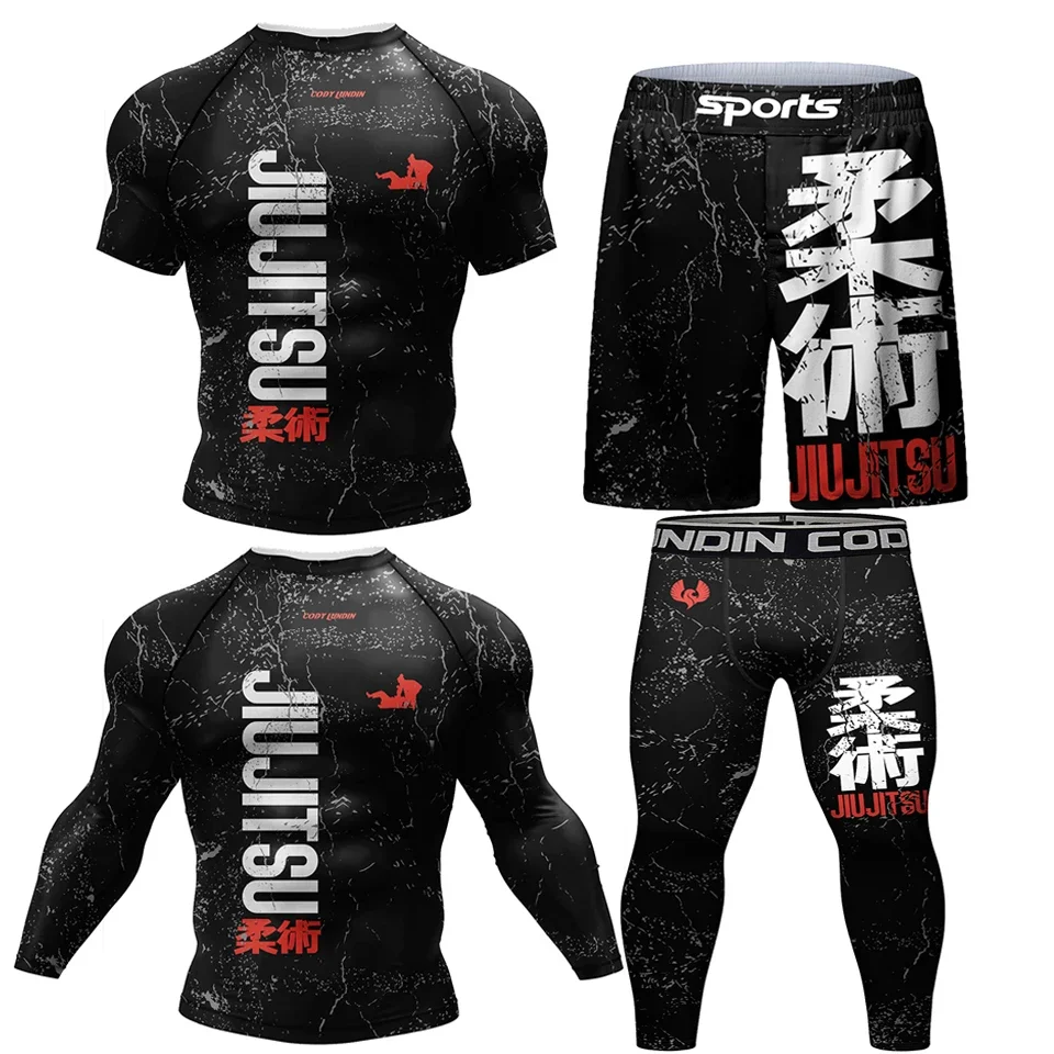 Nuovo Kimono Jiu Jitsu Rashguard per uomo Mma t-shirt + Pant 4 pz/set Muay thai Shorts Bjj Rash guard palestra boxe maglie abbigliamento sportivo