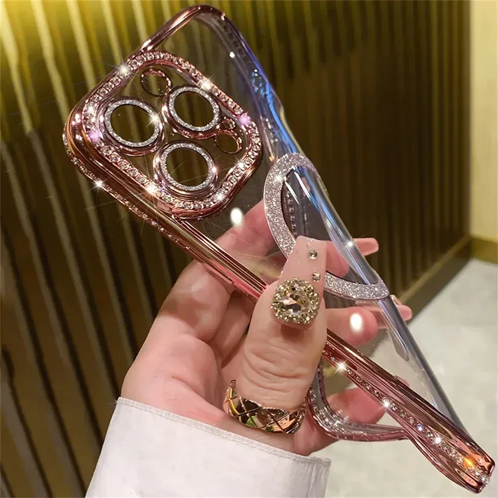 Neue, modische, glitzernde, transparente Hülle mit Diamant-Optik für iPhone 18 Pro Max, 17, 16, 15, 14, 13, 12 – magnetische Schutzhülle mit kabelloser Ladefunktion. – Detail 11