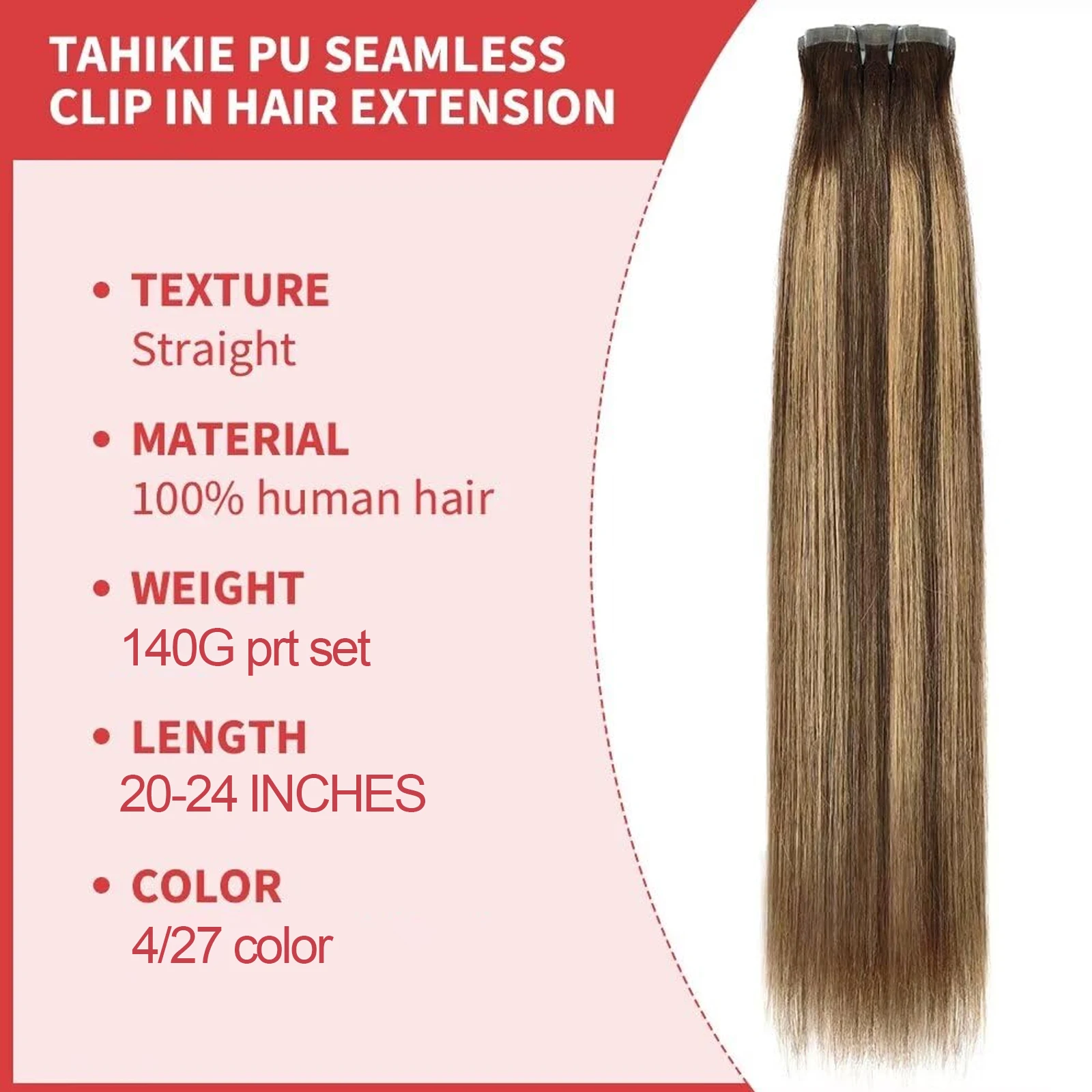 Highlight Color Hair Extensions #4/27 Clip In Straight Real Human Hair Double Weft 140G Per Pack 10 Pcs Clip Ins Extension