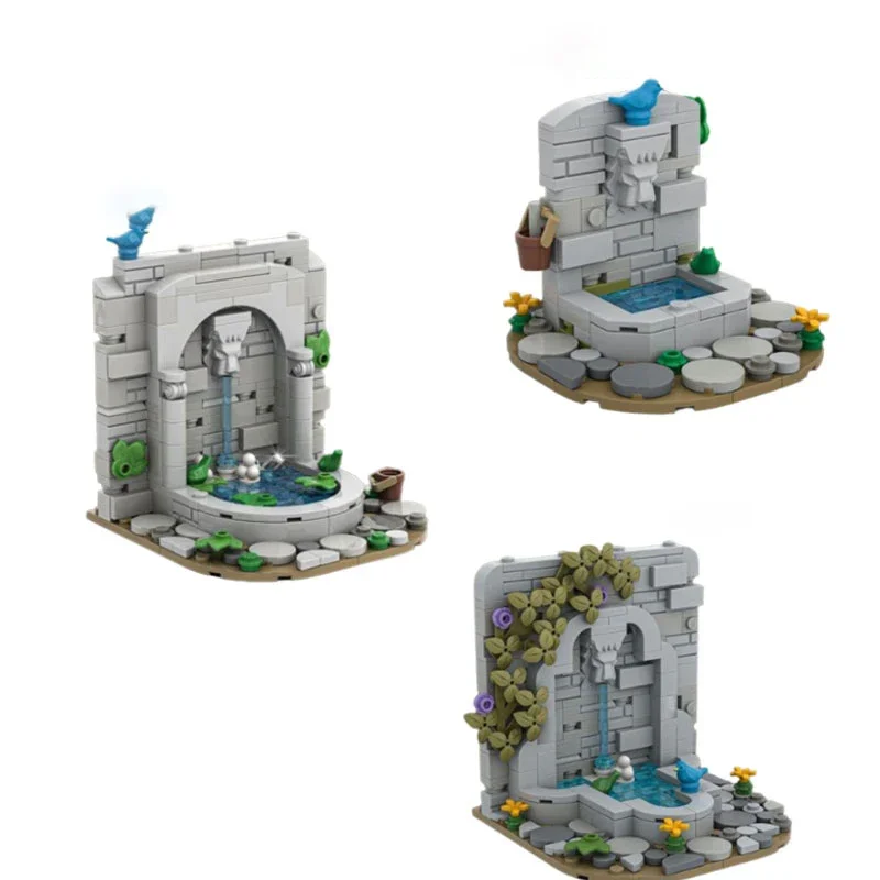 

Новые собранные строительные блоки MOC с мелкими частицами, средневековые модели серии фонтана с квадратным замком, детские подарочные украшения