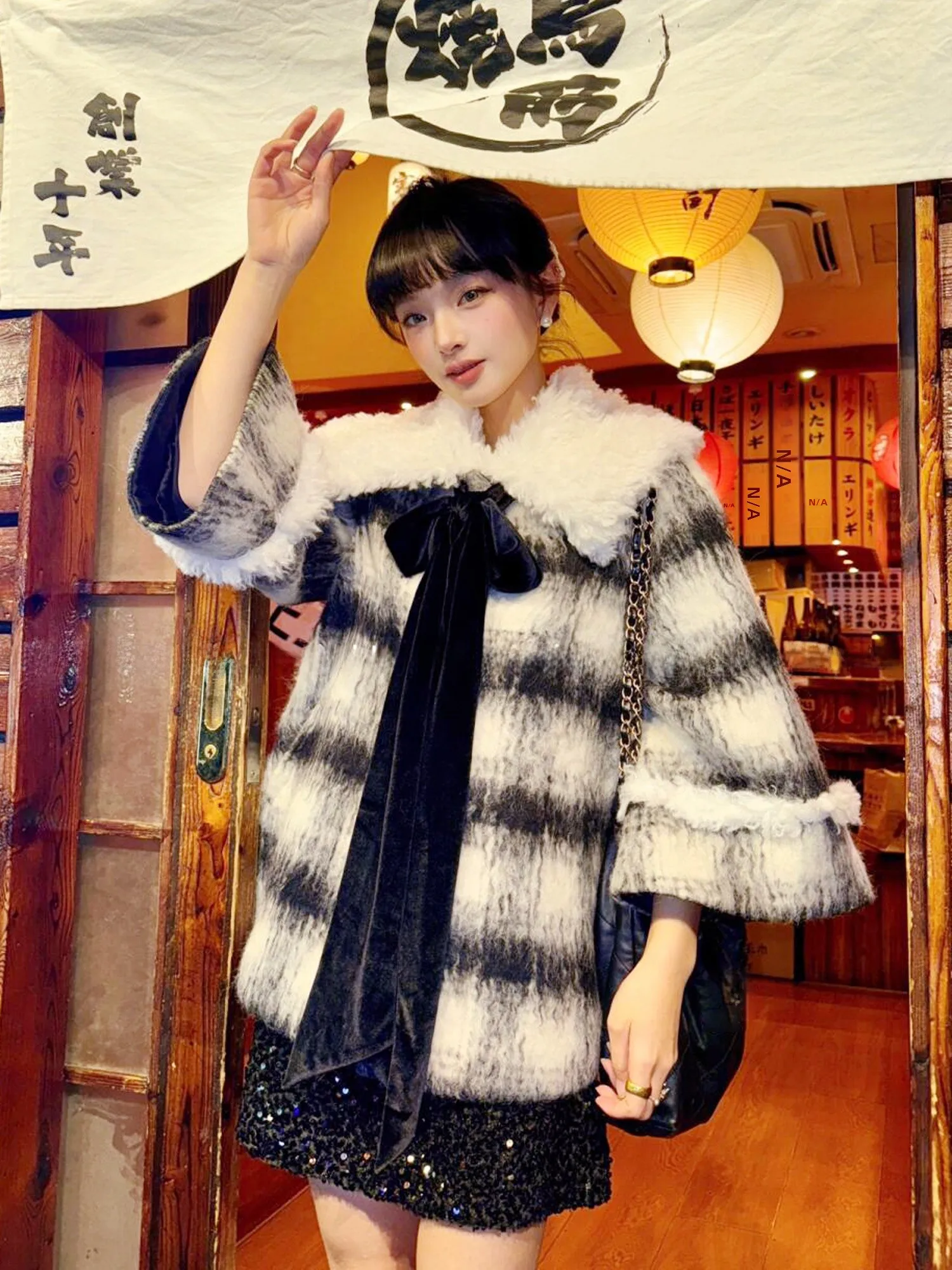 

Ретро милое пальто принцессы с узлом и меховым воротником, клетчатая шерстяная верхняя одежда для молодых женщин, простые рукава