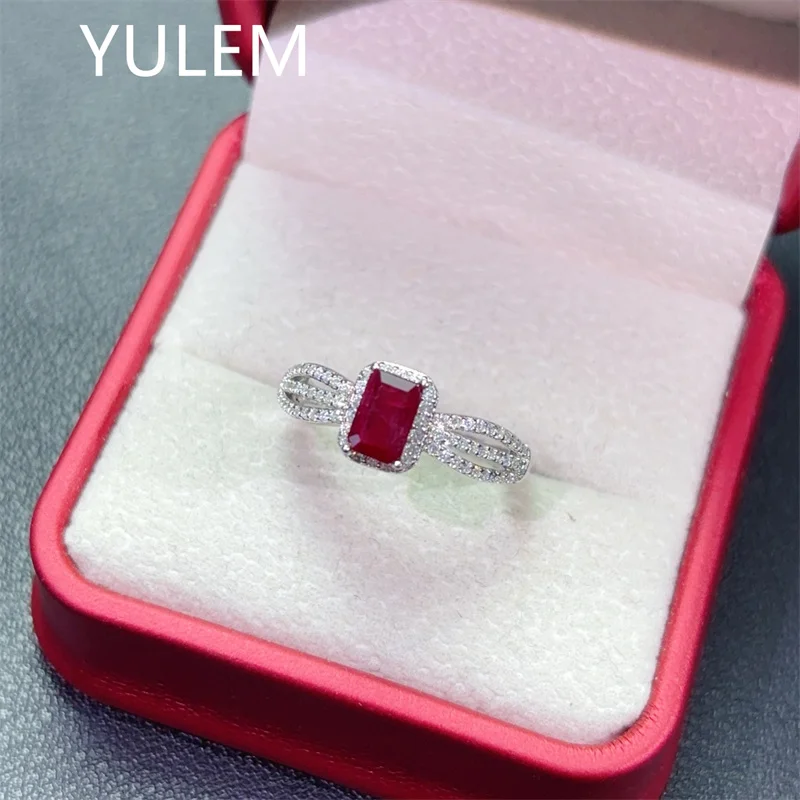 

4x6mm Natural Rectangle Ruby Ring S925 Sterling Silver for Women Wedding Party Fine Jewelry