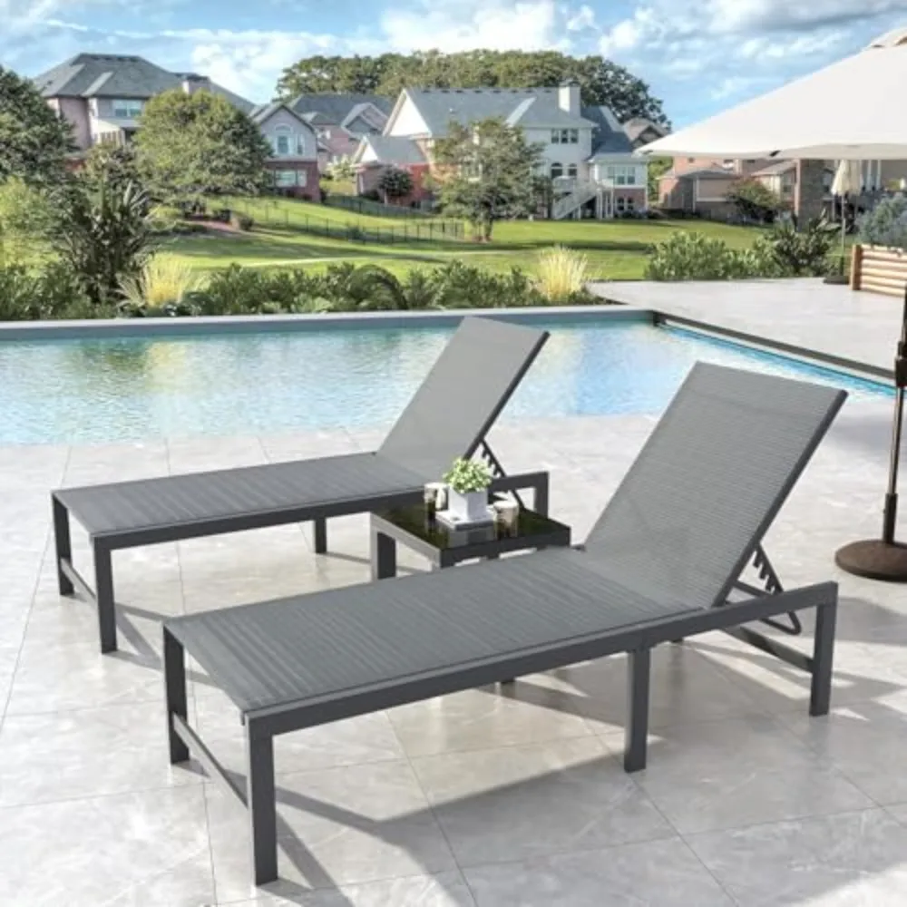 Outdoor Chaise Chairs & Table 3 Pieces Pool Lounge Chair, Adjustable Poolside Sunloungers Lay Flat Sunbathing Chaise