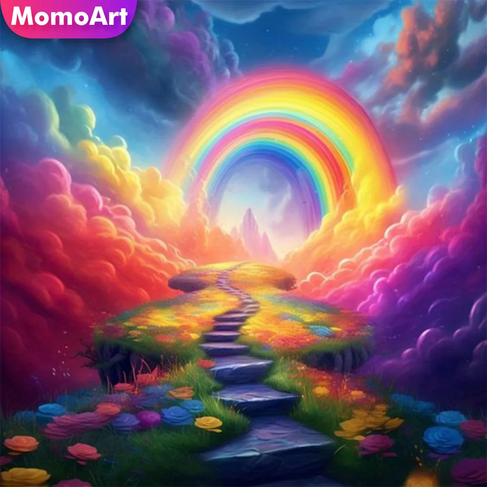 Momoart Diamantmalerei, Treppen-Landschaftsmuster für Erwachsene, Anfänger, DIY-Diamantmosaik, Regenbogen-Stickerei, Heimdekoration