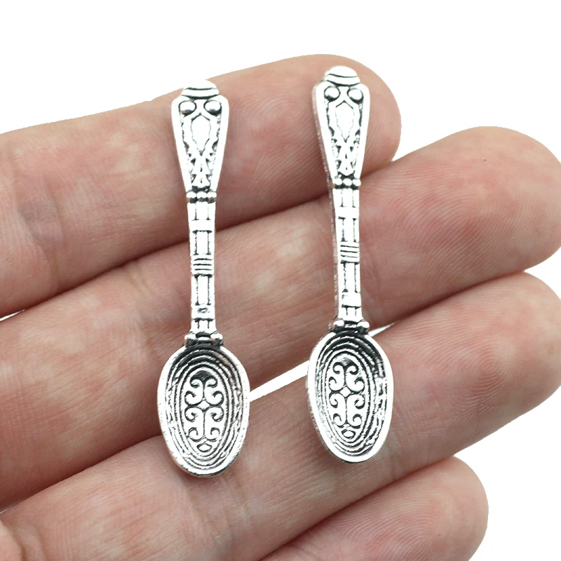 Newest 15Pieces 10*44mm Mixed Alloy Antique Silver Color Spoon Charms Keychain Bracelet Pendant Accessory For DIY Jewelry Making