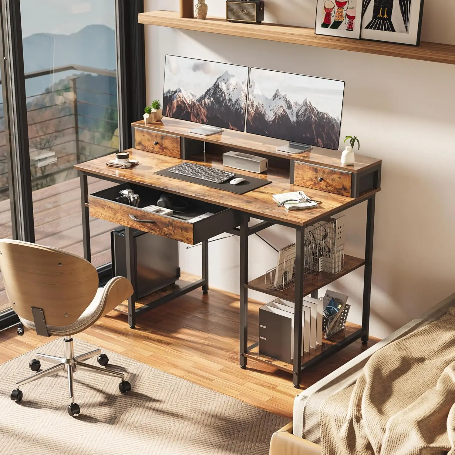 Multifunctional Computer Desk with Monitor Shelf, Professional Dual Tiers Writing Desk,Storage - Sturdy Home Office Desk, Brown