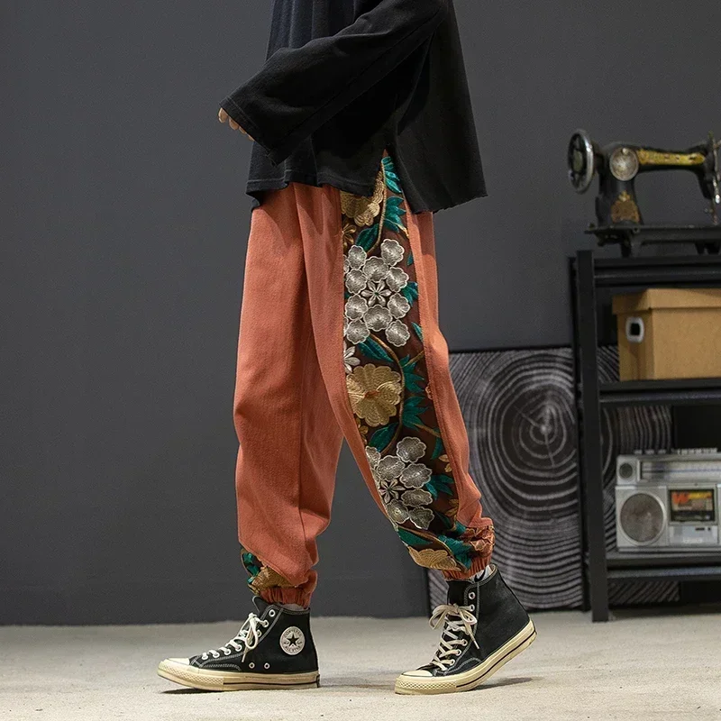 Fashion Casual Pants Men's Clothing Cotton Japanese Samurai Embroidery Patchwork Harem Trousers Oversized Harajuku Joggers Male