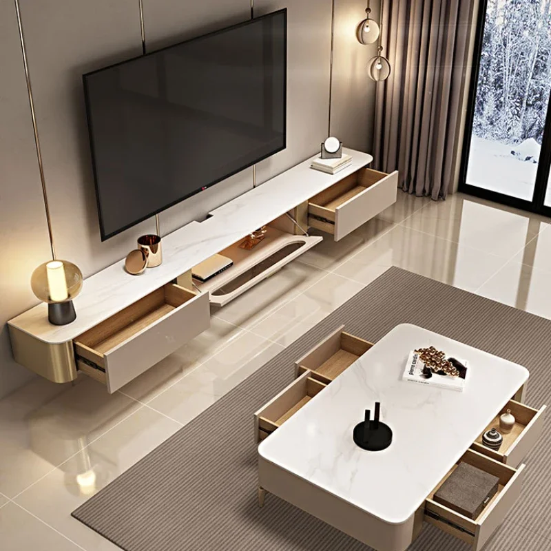 

Suspended Simple and Modern Coffee Table TV Stand Combination Suspension Stone Plate Solid Wood TV Cabinet