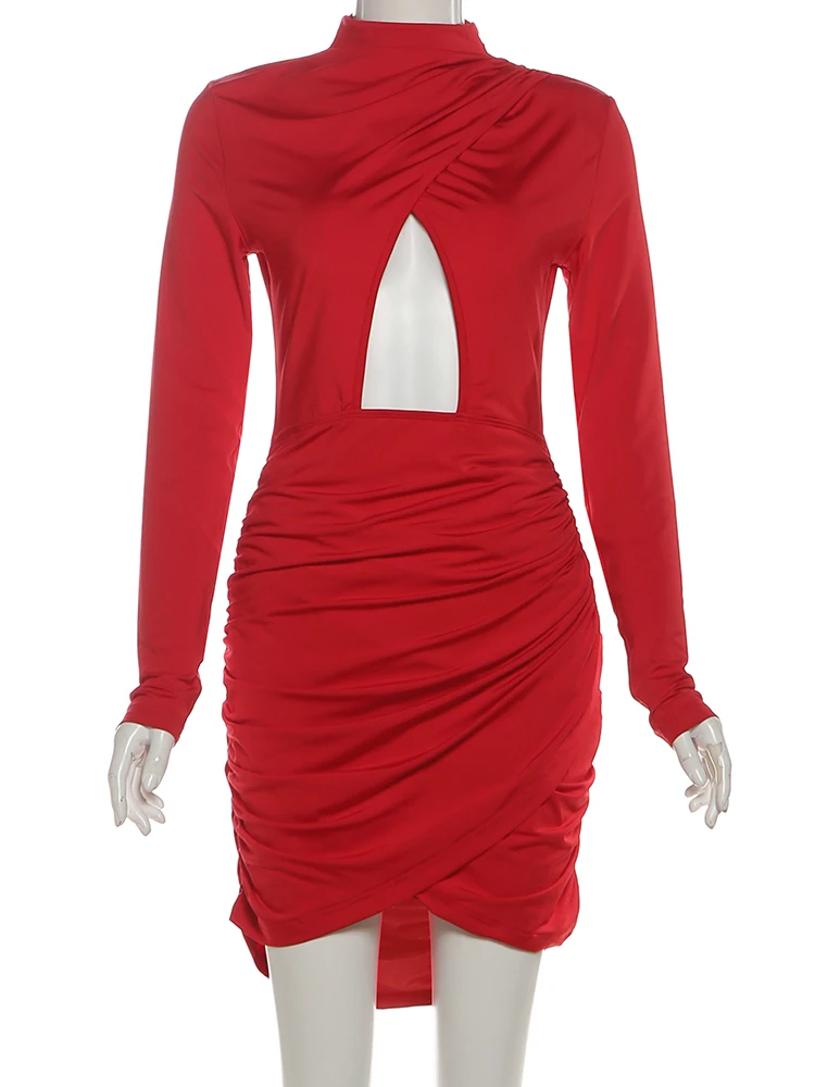 Gato estranho sexy cruz ruched sress feminino barriga recorte ombro acolchoado manga cheia estiramento fino festa de aniversário de natal bodycon